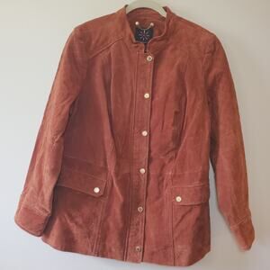 Isaac Mizrahi Suede Leather Field Barn Coat Jacket Button Zip Cognac Brown Sz XL